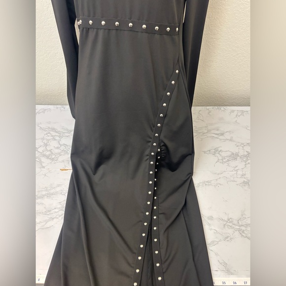 SHEIN Black Round Neck Long Sleeve Maxi Dress Split Side Sz M Beaded Bodycon - Picture 2 of 5